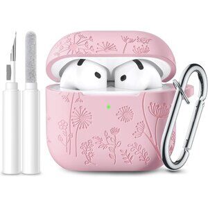 Women's Apple Airpods Flower Engraved Case Compatible Cleaner Kit Keychain Bag